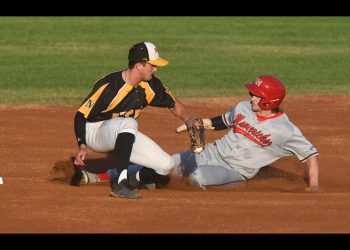 Luke Lachance appeared to have Nathan Tarver dead to rights on this steal, but Tarver would avoid the tag and be called safe. Randy Palmer