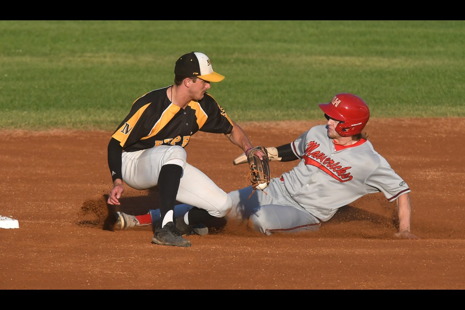 Luke Lachance appeared to have Nathan Tarver dead to rights on this steal, but Tarver would avoid the tag and be called safe. Randy Palmer