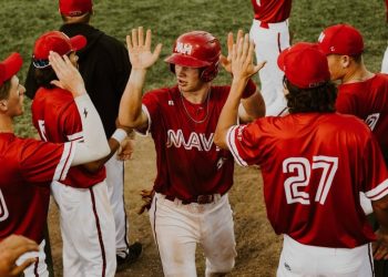 The Medicine Hat Mavericks celebrate a run against the Moose Jaw Miller Express on Thursday night in Weyburn. Medicine Hat Mavericks