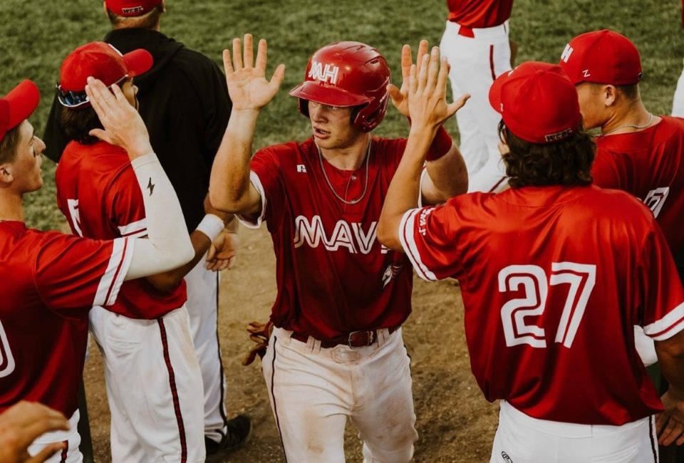 The Medicine Hat Mavericks celebrate a run against the Moose Jaw Miller Express on Thursday night in Weyburn. Medicine Hat Mavericks